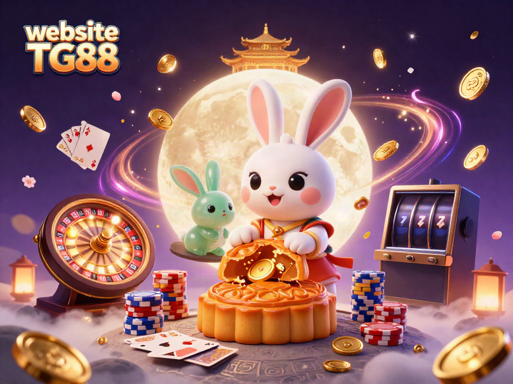 Experience the exciting world of online gaming with the website TG88 as vibrant coins and poker chips swirl around a whimsical lunar scene.