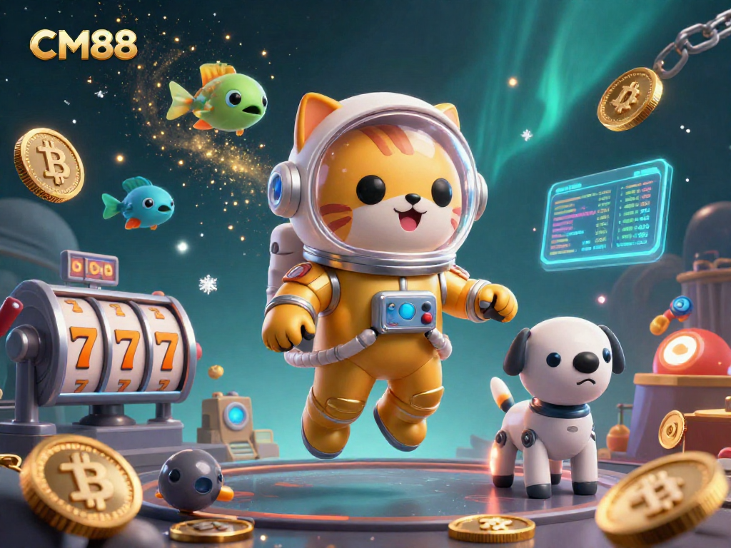 Engage with CM88's thrilling gaming world as the astronaut cat and robot dog explore a vibrant casino space.