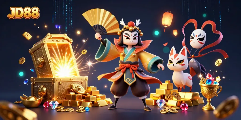 Experience the vibrant casino scene in JD88 with kabuki warriors, treasures, and dynamic energy.