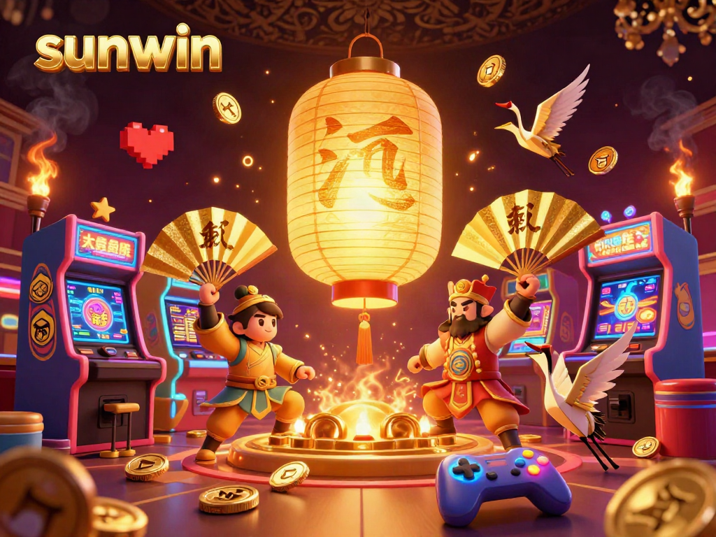 Engage in thrilling excitement with sunwin's vibrant casino scene featuring animated gold lantern spirits and game elements.