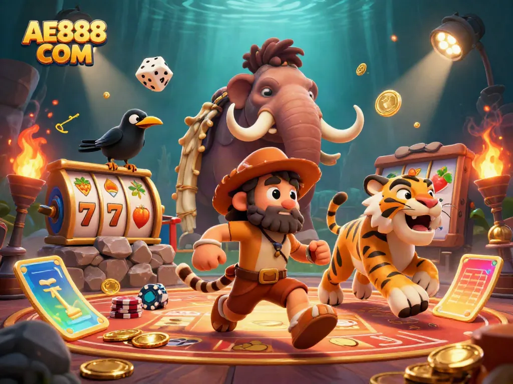 Experience the vibrant AE888 COM casino with a caveman and sabertooth duo in a dynamic scene.