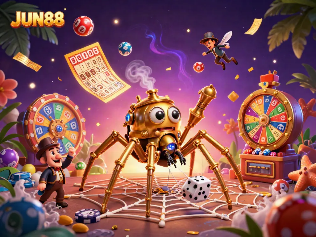 Experience the thrill of JUN88 with a vibrant 3D illustration of a golden spider and game elements.