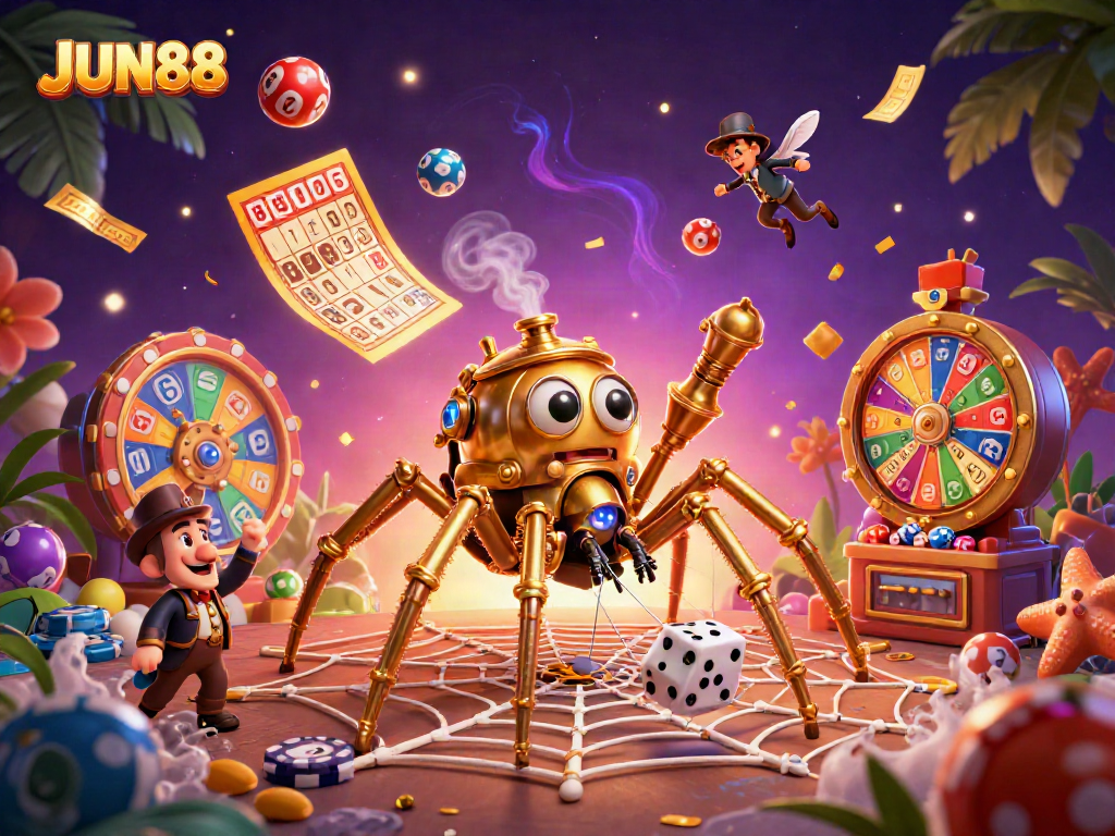 Experience the thrill of JUN88 with a vibrant 3D illustration of a golden spider and game elements.