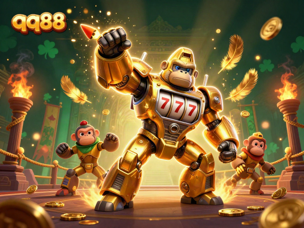 Experience the thrill of qq88 with a dynamic 3D golden gorilla mech bursting coins in a vibrant game scene.
