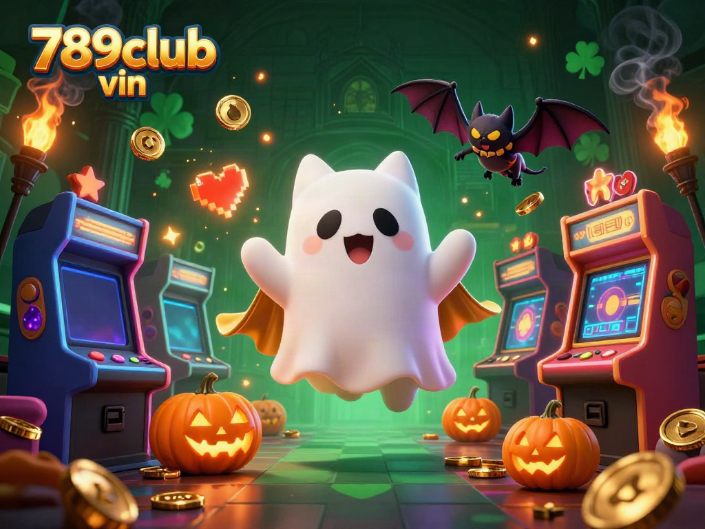 Engage with 789club vin as a friendly ghost cat explores a haunted casino filled with glowing jack-o-lanterns and arcade machines.