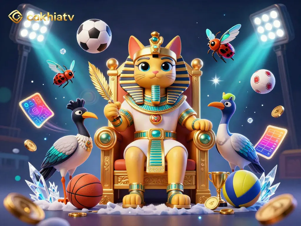 Cakhiatv showcases an Egyptian pharaoh cat with sports elements, delivering a dynamic betting atmosphere.