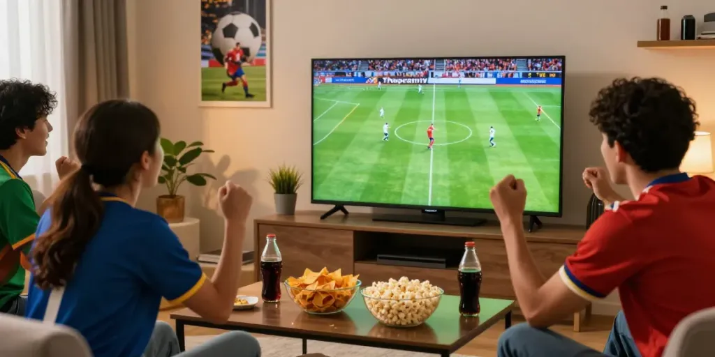 Friends cheering while watching Thapcamtv football game on a big screen with snacks.