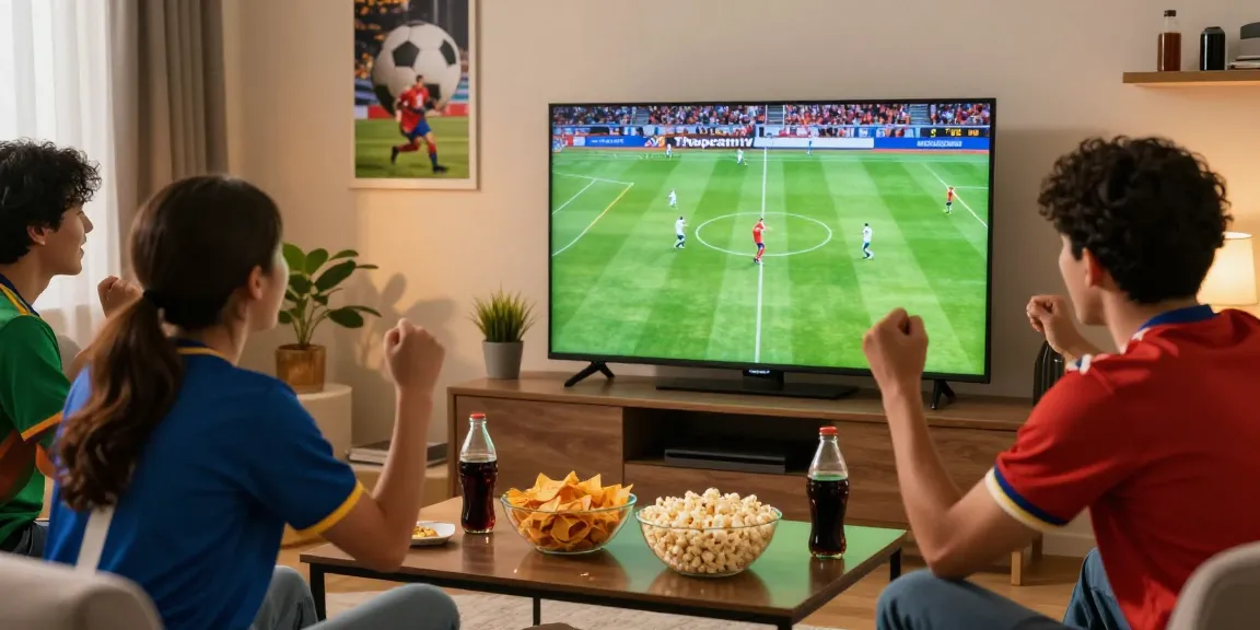 Friends cheering while watching Thapcamtv football game on a big screen with snacks.