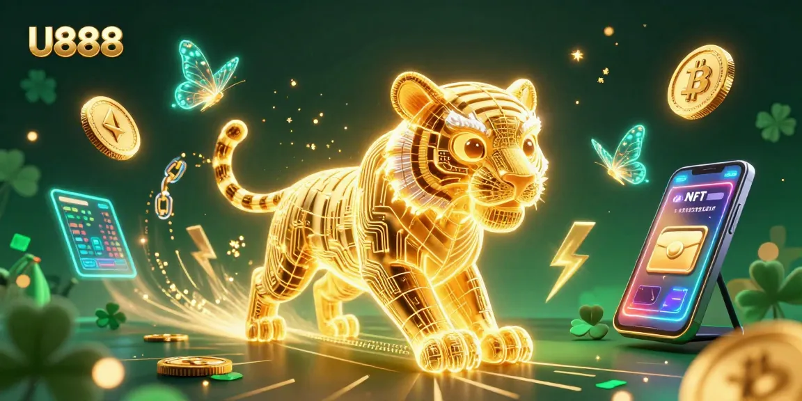 Engage with U888 in an electrifying digital casino scene, featuring a neon tiger and crypto coins.