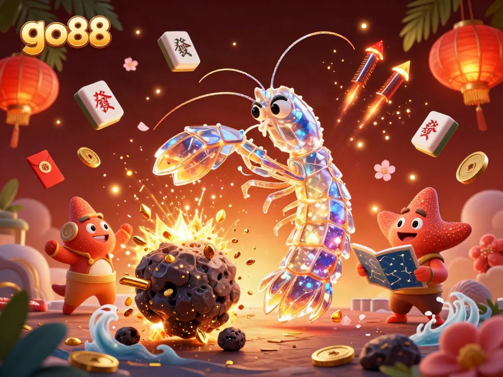 Experience go88 adventure with a galactic mantis shrimp and starfish, amidst vibrant casino action and glowing treasures.