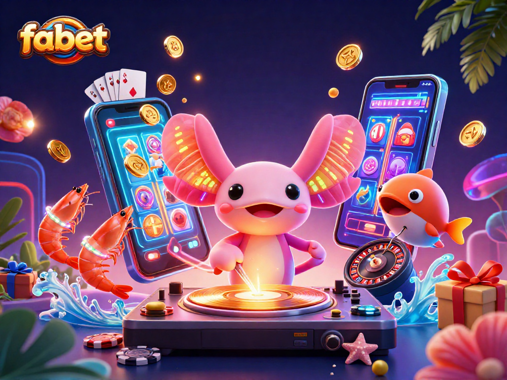 Experience fabet's vibrant casino energy with a neon axolotl DJ and lively sea creatures.