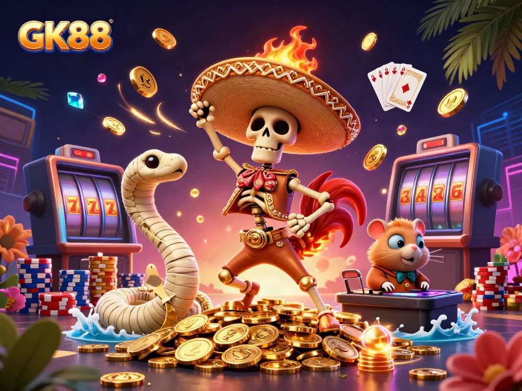 GK88 casino scene featuring a dancing skeleton rooster, a mummy snake, and a DJ hamster, celebrating with slot machines and roulette elements.