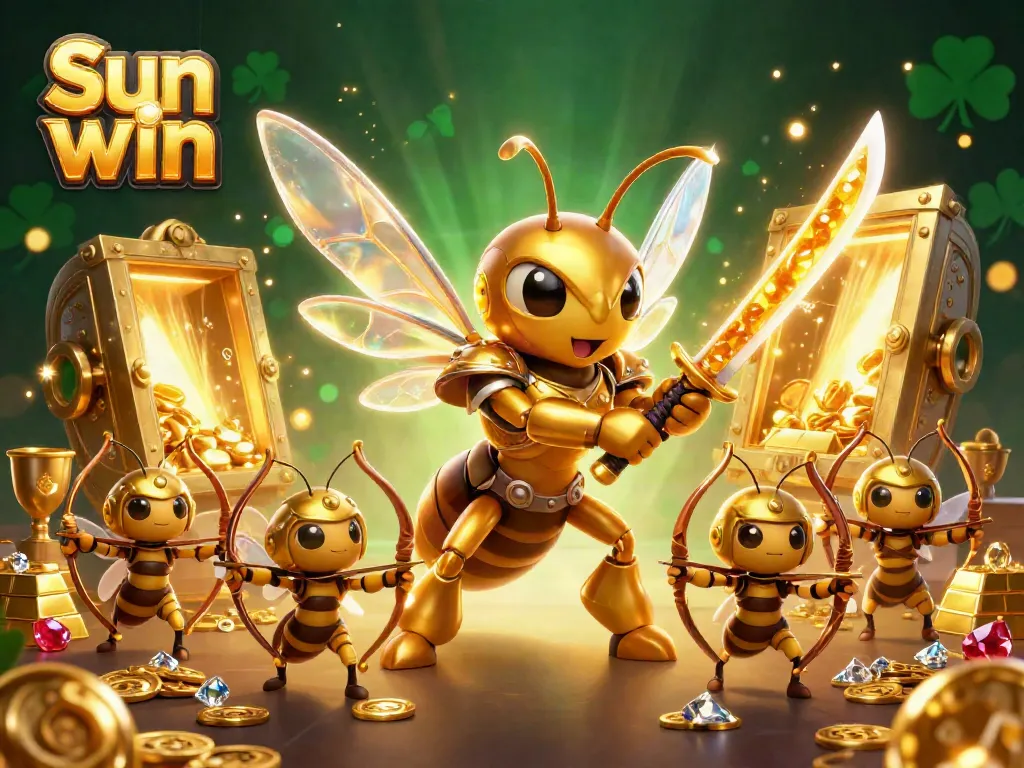 Experience the thrill of Sun win with this dynamic 3D illustration of a golden hornet championing casino games amidst riches.