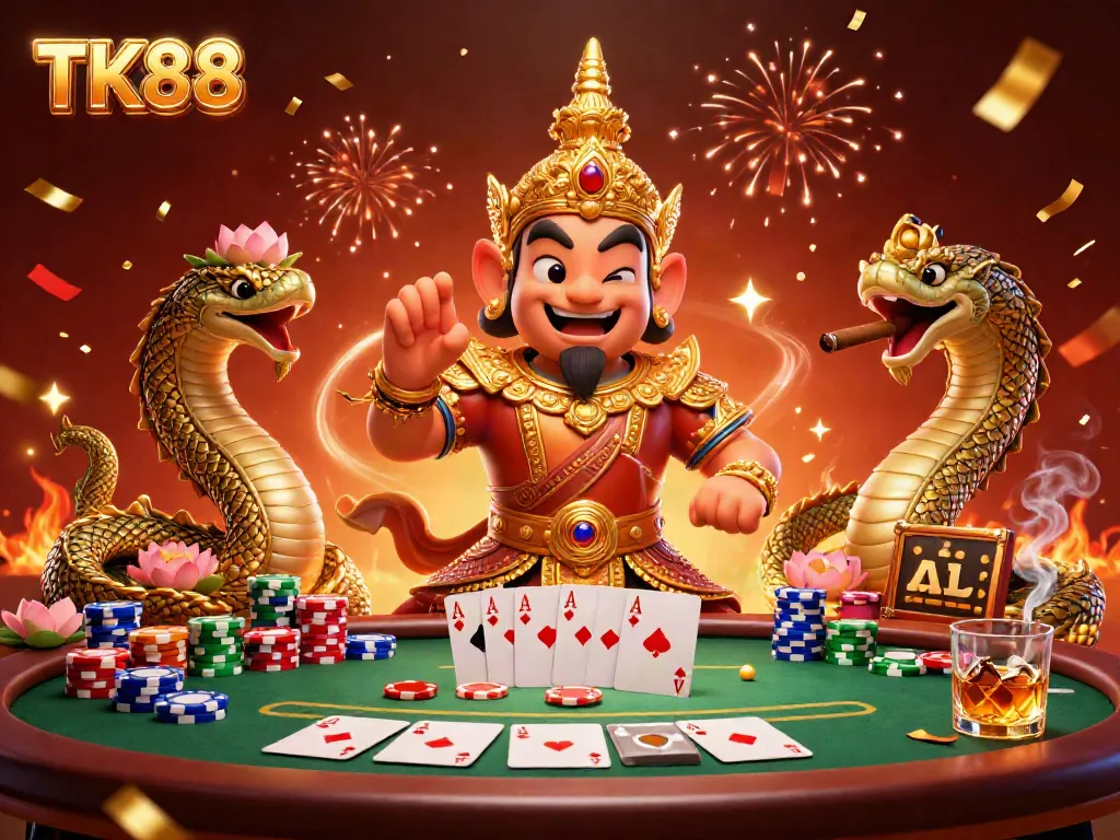 Engage with the TK88 Asian online casino scene featuring vibrant poker elements and festive atmosphere.