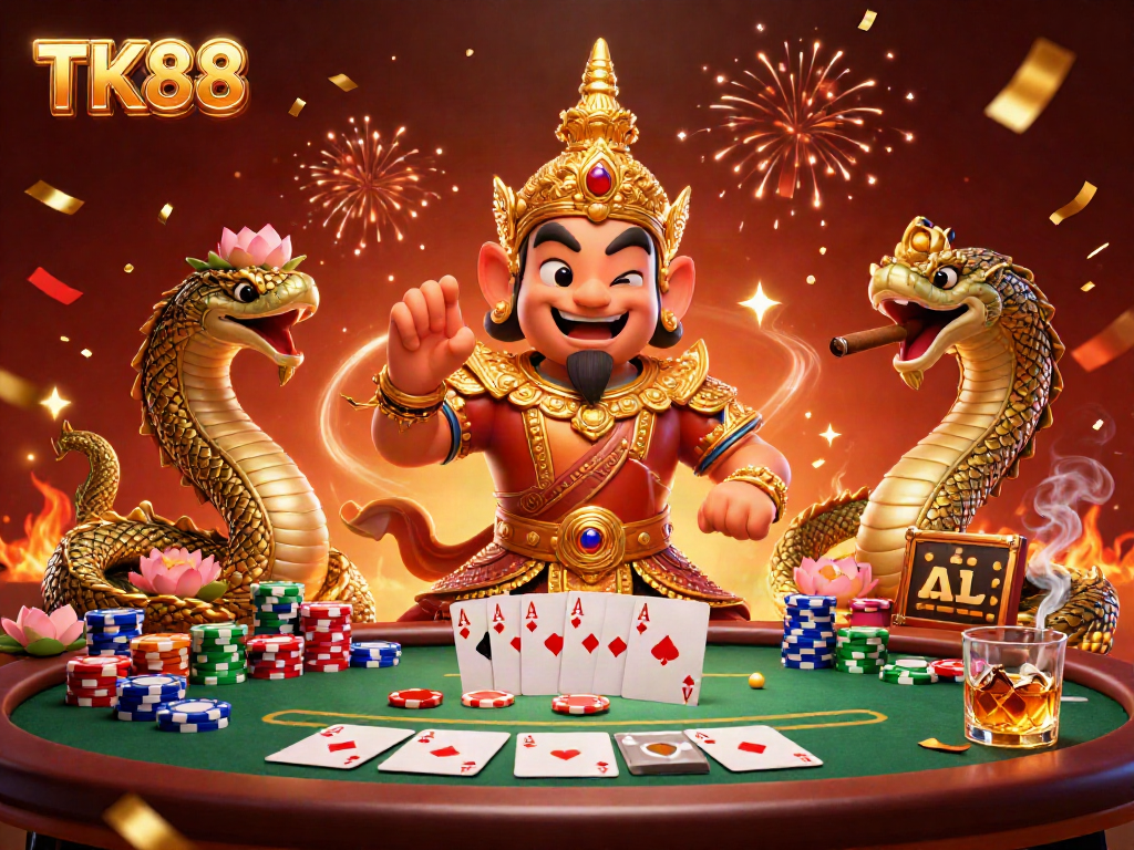 Engage with the TK88 Asian online casino scene featuring vibrant poker elements and festive atmosphere.