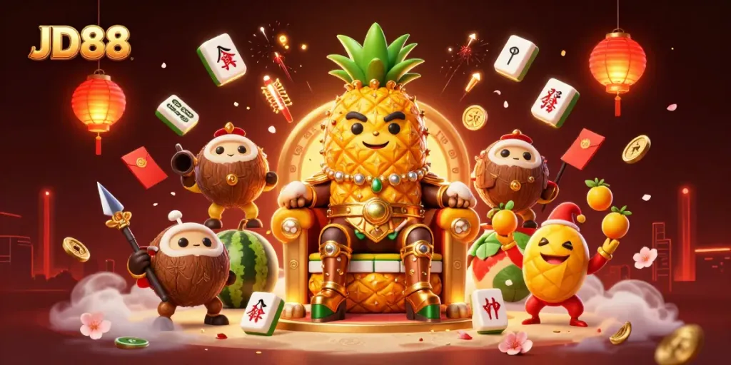 JD88 entices players with a vibrant 3D casino scene featuring a golden pineapple king and lively gaming elements.