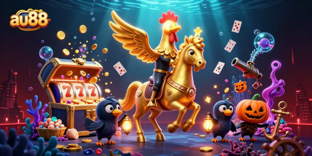 Win big with au88 at this electrifying casino scene featuring dynamic characters and vibrant slot games