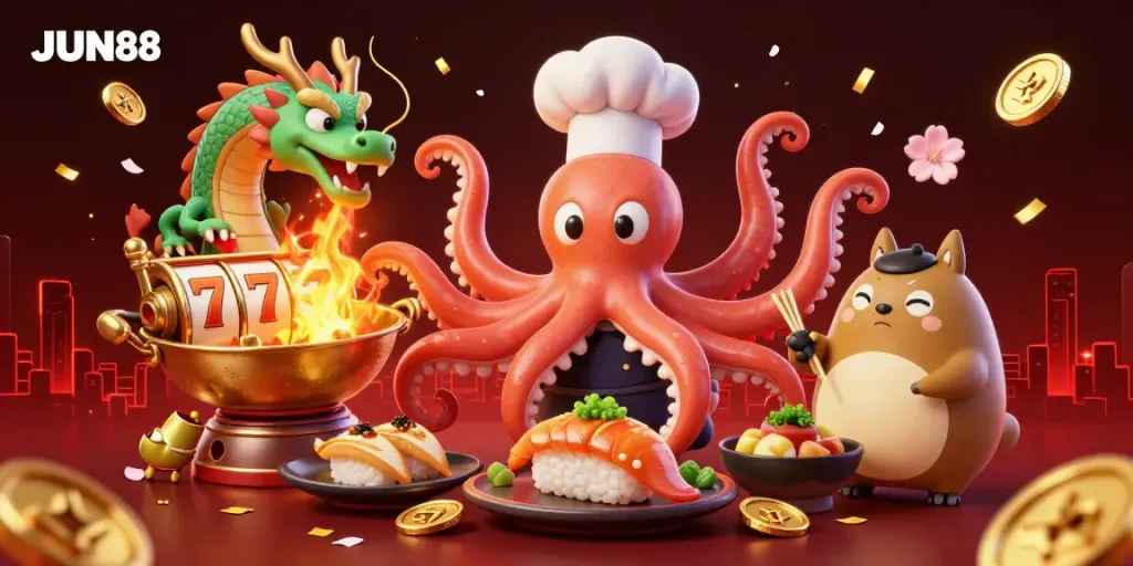 Experience thrilling gaming at JUN88 with a dynamic 3D illustration featuring vibrant characters and casino elements.