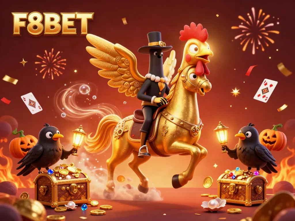 Engage with F8BET's vibrant casino scene featuring a golden rooster and crow companions amidst falling confetti.