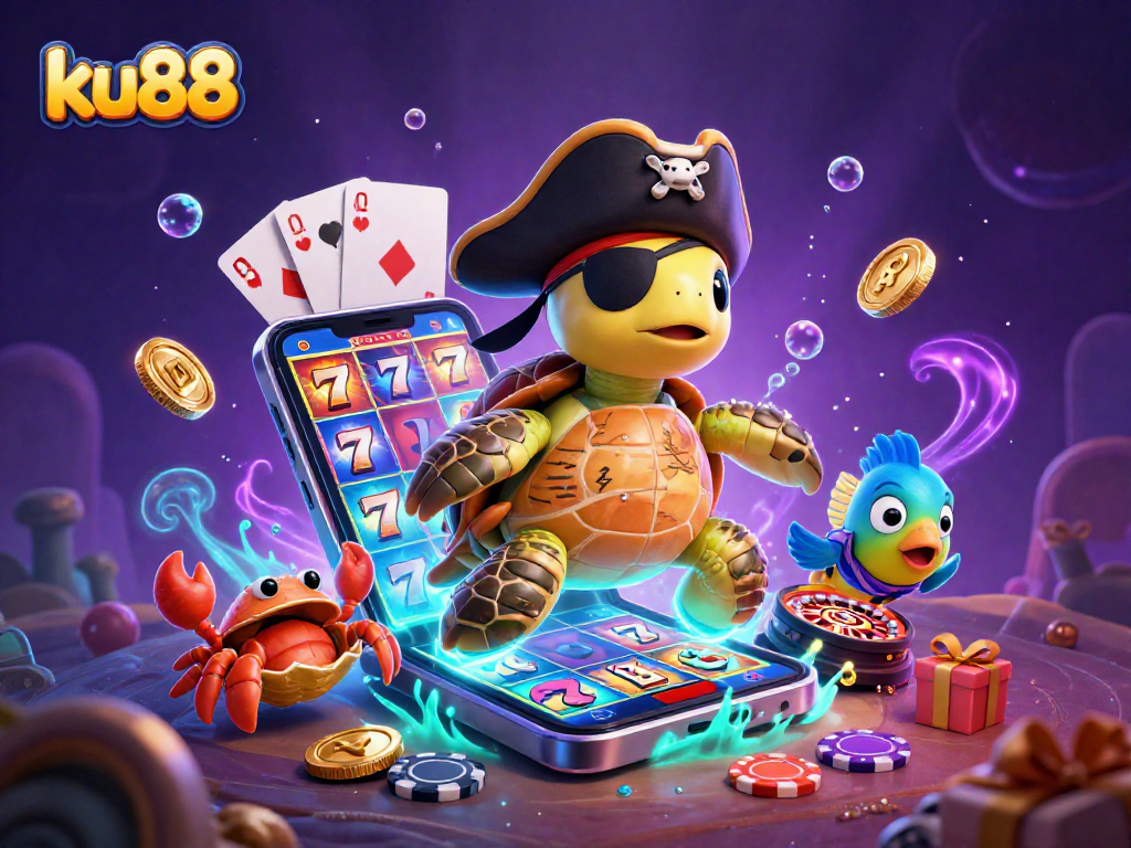 ku88 flaunts slot games with a pirate turtle and friends, exploding with fun and treasure