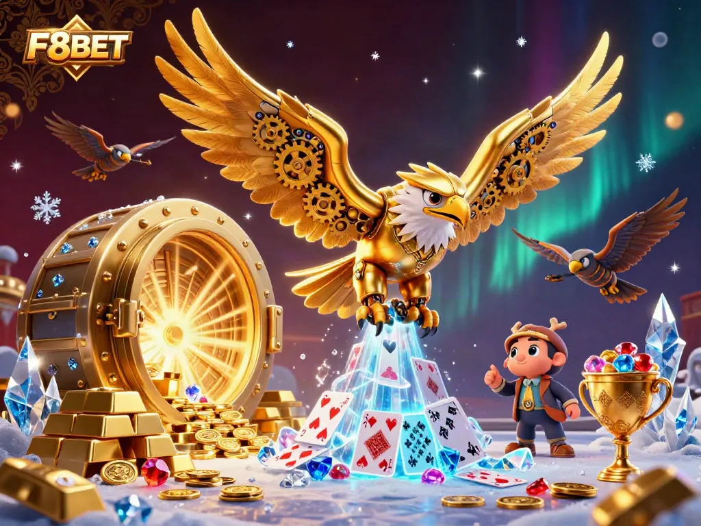 Experience the thrilling world of F8BET with a vibrant 3D illustration featuring cybernetic eagle diving through interactive gaming elements.