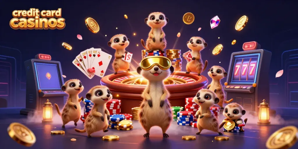 Exciting action at credit card casinos with meerkats in a dynamic casino scene featuring chips and games.