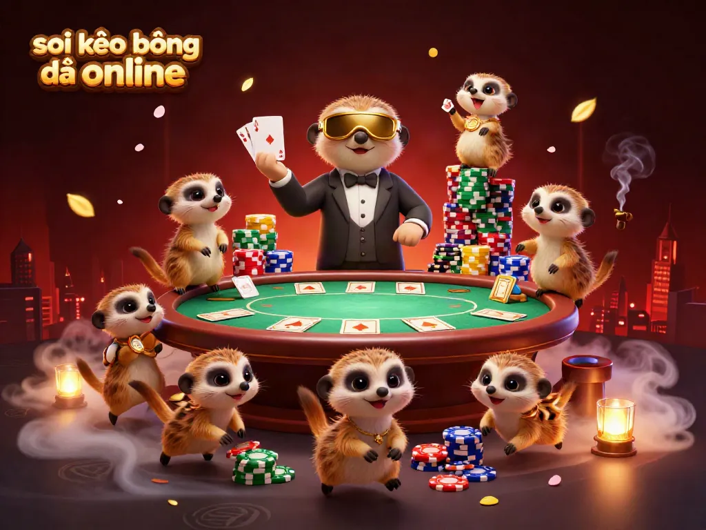 Soi kèo bóng đá online scene with animated meerkats managing a vibrant casino operation.