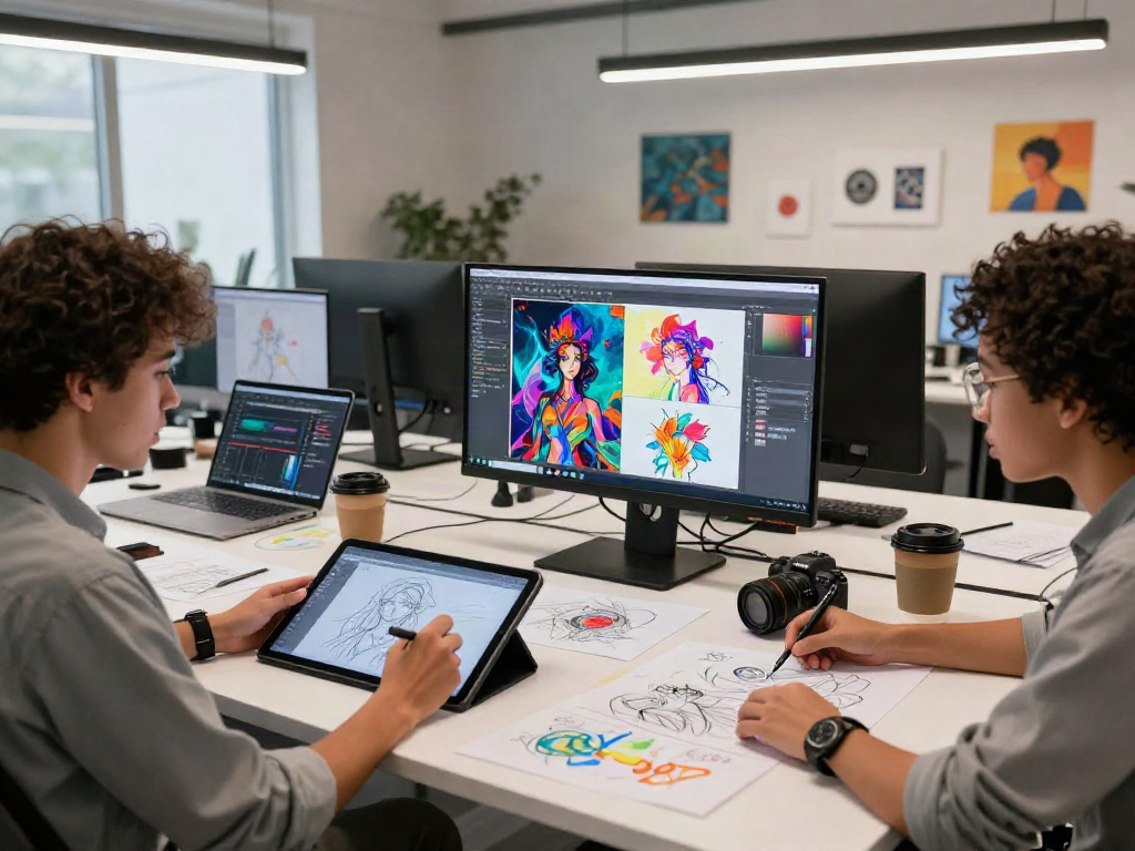 Diverse team designing nsfw ai project in vibrant digital art studio.