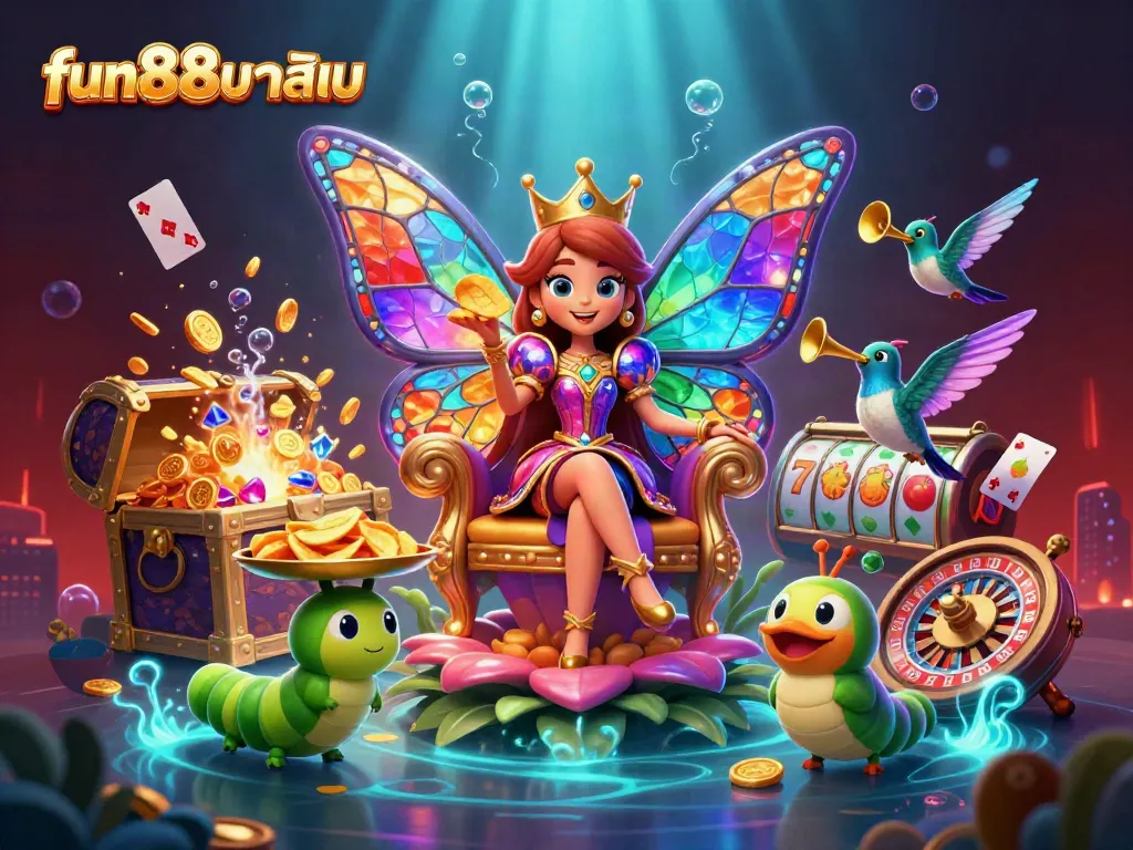 Experience fun88คาสิโน with an ultra-detailed 3D illustration of a vibrant casino scene featuring a butterfly queen, slot machines, and treasures.