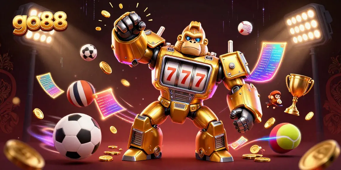Experience excitement with the go88 golden gorilla mech winning jackpots and sports glory amidst vibrant casino elements.