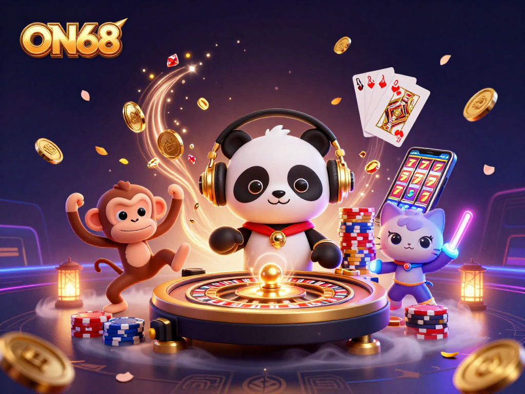 Engage with the thrilling world of ON68, showcasing fun, vibrant gaming elements and characters in a lively casino setting.