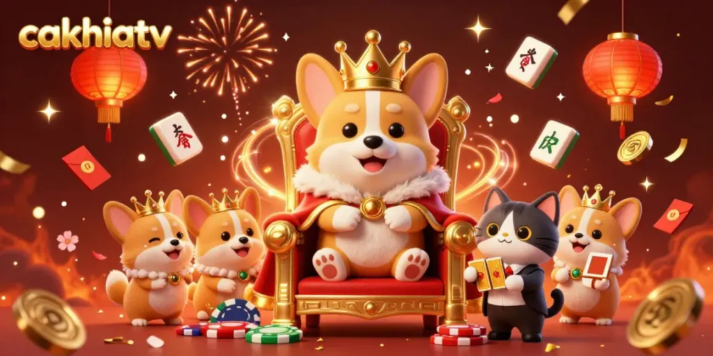 Cakhiatv showcases a royal corgi in a lavish gambling scene filled with vibrant game elements.