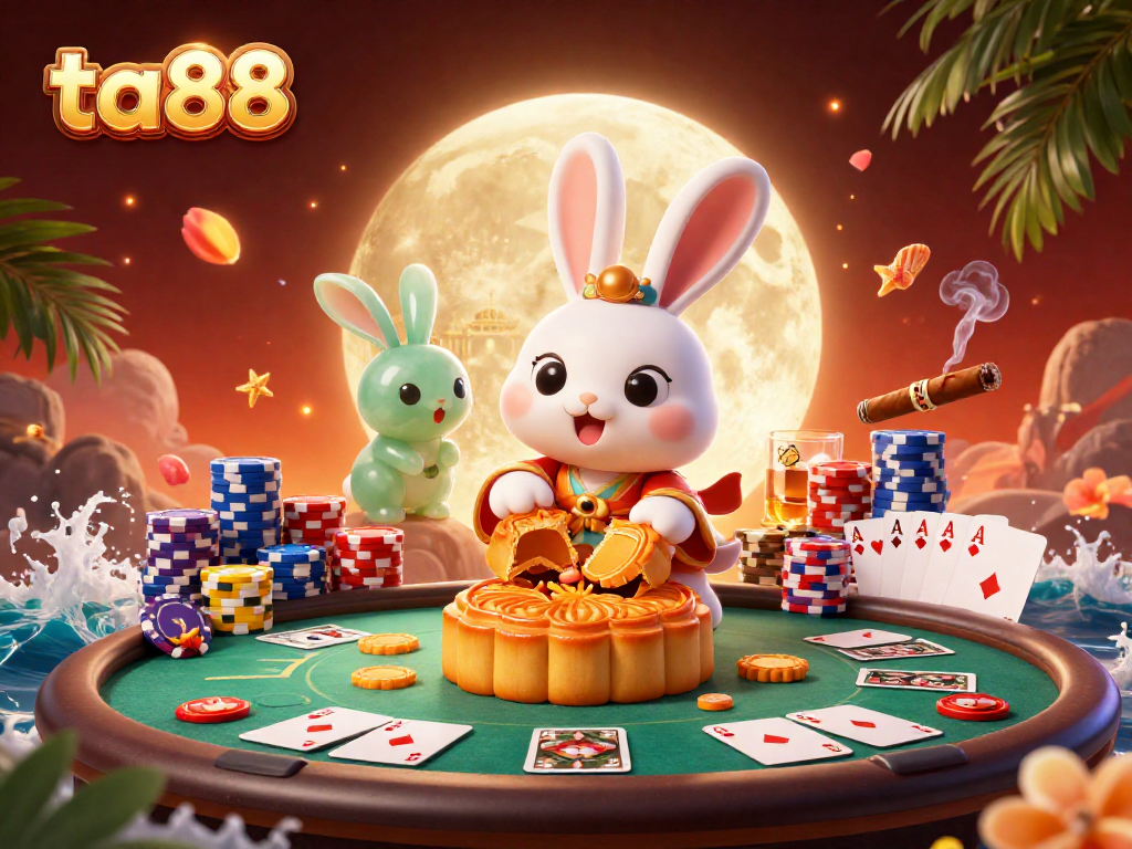Engage with ta88’s exciting casino scene featuring a moon rabbit and golden poker chips.