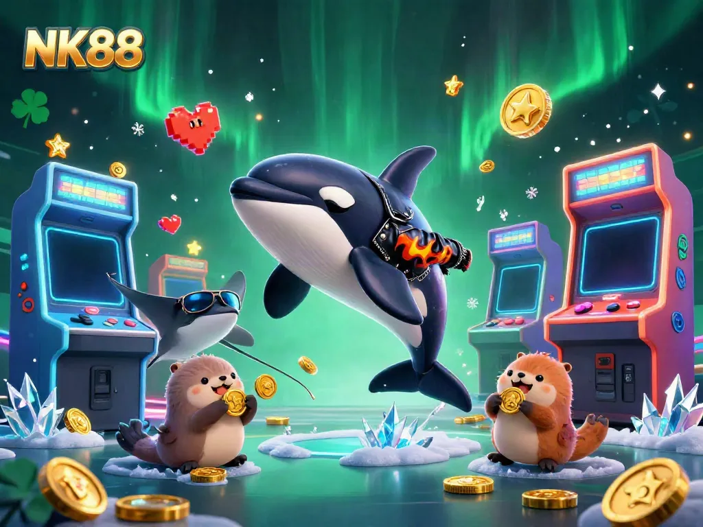 Experience vibrant NK88 casino excitement with a 3D orca, stingray, and otters showcasing gold coins.