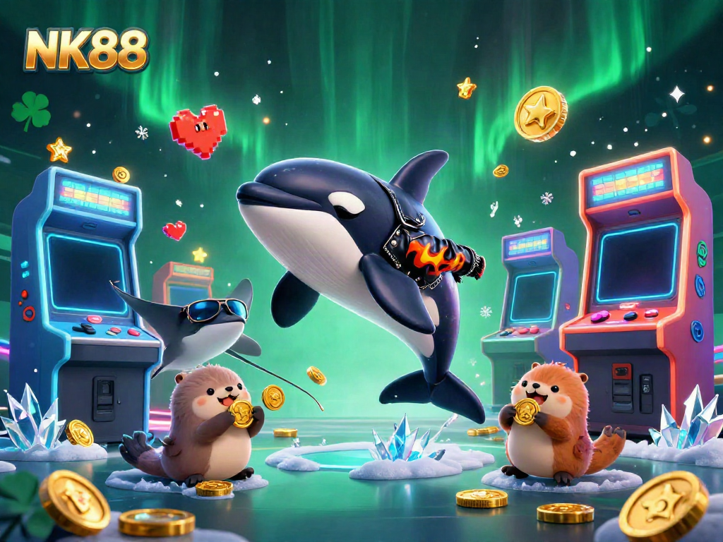 Experience vibrant NK88 casino excitement with a 3D orca, stingray, and otters showcasing gold coins.