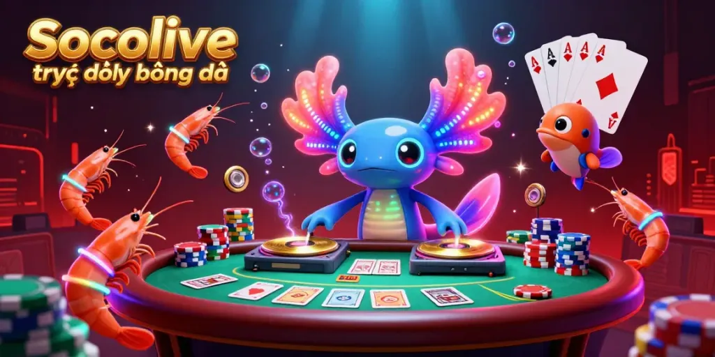 Engaging scene of Socolive trực tiếp bóng đá casino with DJ axolotl and shrimp dancers celebrating vibrant wins.