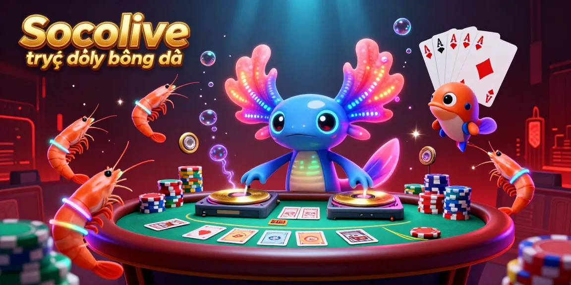 Engaging scene of Socolive trực tiếp bóng đá casino with DJ axolotl and shrimp dancers celebrating vibrant wins.