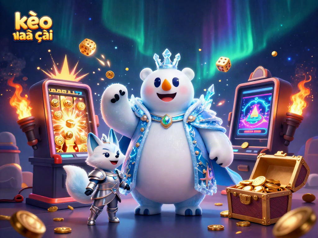 Engage with kèo nhà cái's vibrant casino experience featuring a polar bear king amidst jackpot visuals.