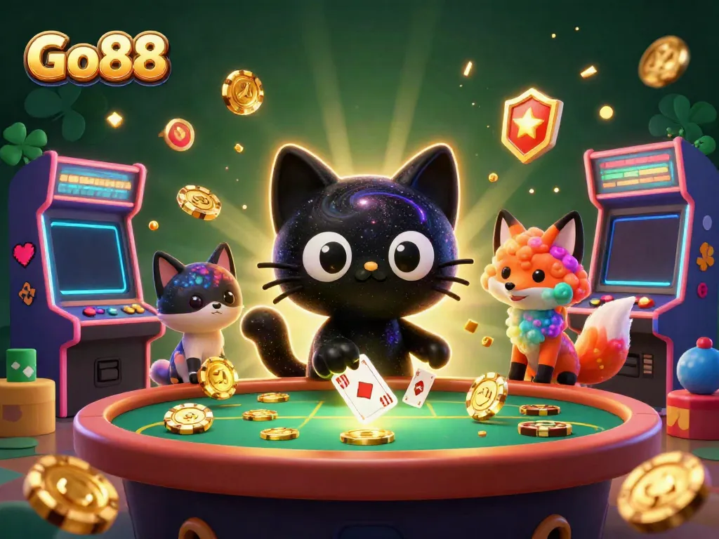Experience Go88’s exciting cosmic casino realm with a vibrant 3D illustration of a black hole cat and colorful gaming elements.