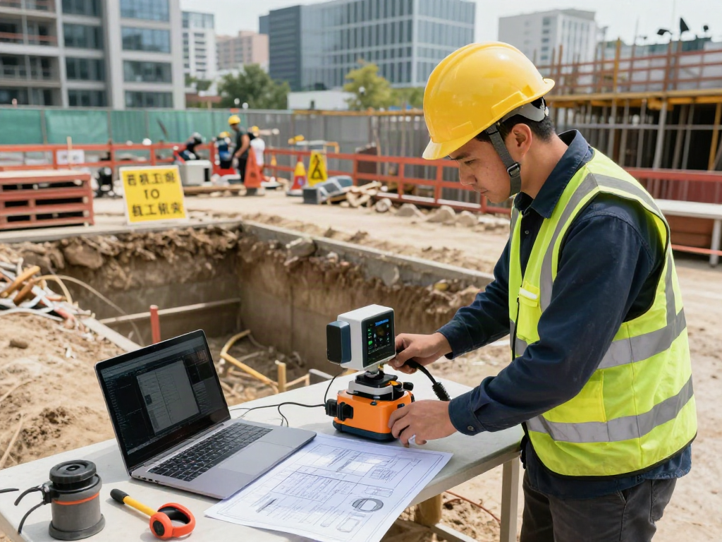 GPR Survey London: Surveyor using advanced Ground Penetrating Radar equipment to detect underground utilities at a construction site.