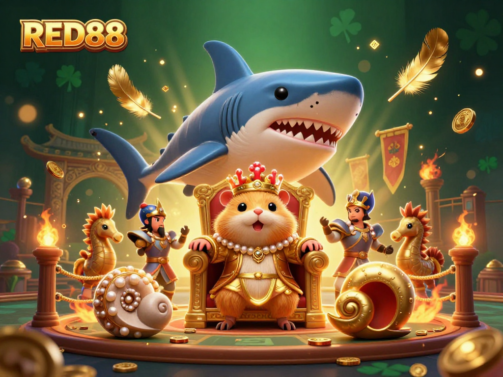 Engage in the excitement of RED88, featuring a vibrant scene with a golden hamster king amidst dynamic casino elements.