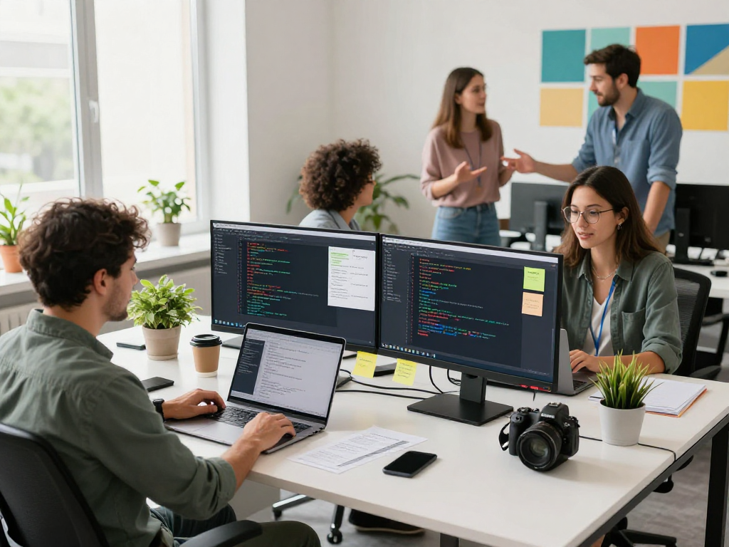 Team collaborating remotely using ToDesk software in a vibrant workspace.