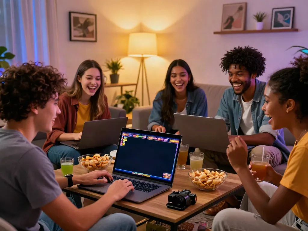 Friends enjoying uk slots not on gamstop together in a lively home setting.