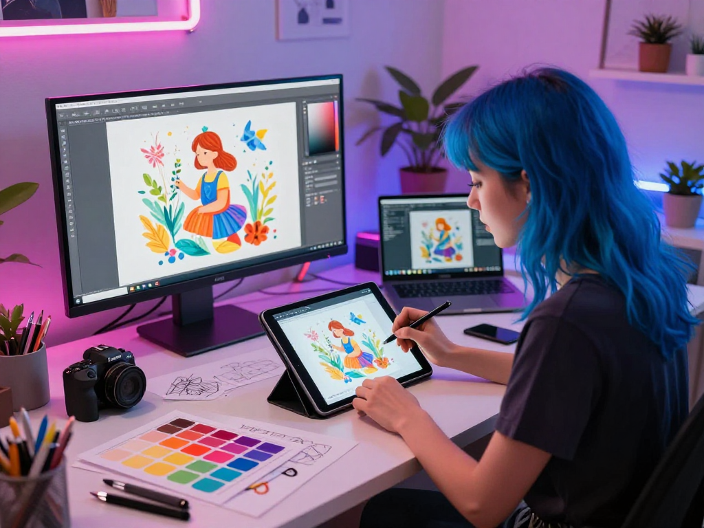 Artist using nsfw ai at a vibrant digital workspace, creating imaginative illustrations with high-tech tools and ambient neon lights.