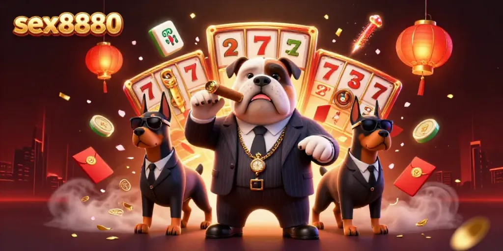 Experience thrilling gameplay with sex8880 featuring a mafia bulldog and slot elements in an exciting casino scene.