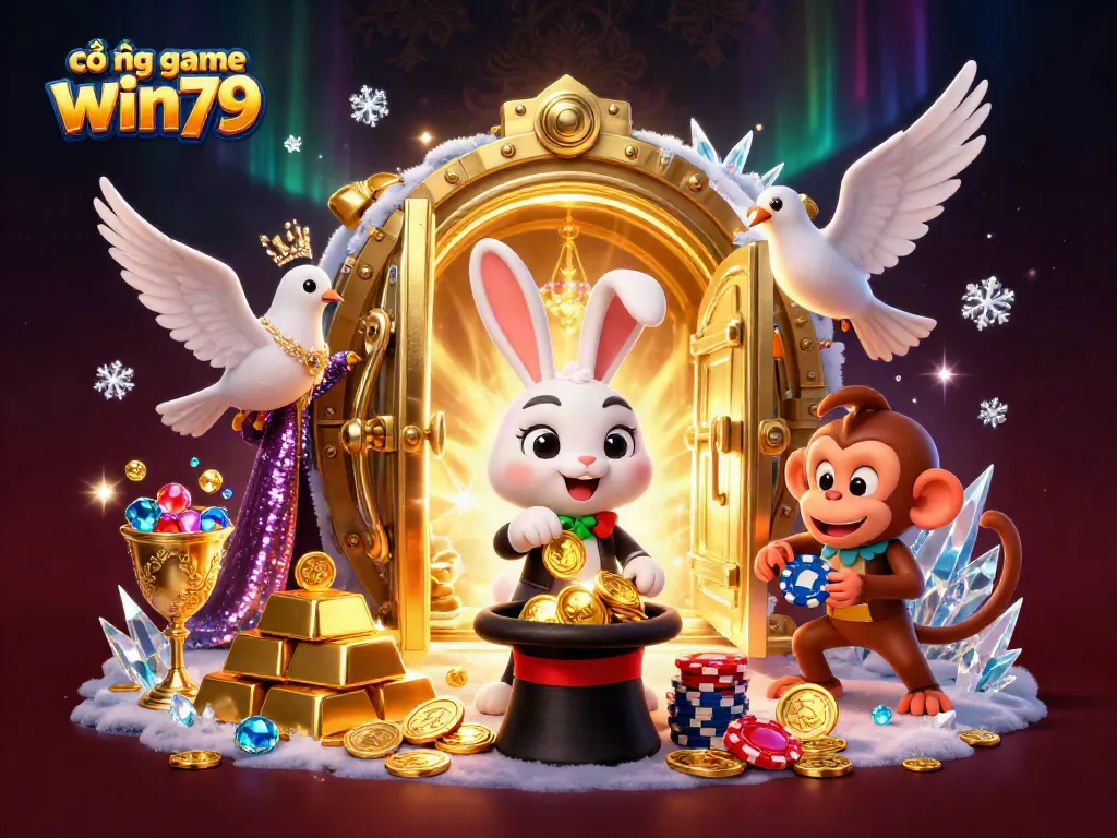 Experience the thrill of cổng game win79 with golden coins and vibrant casino elements in a magical 3D illustration scene.