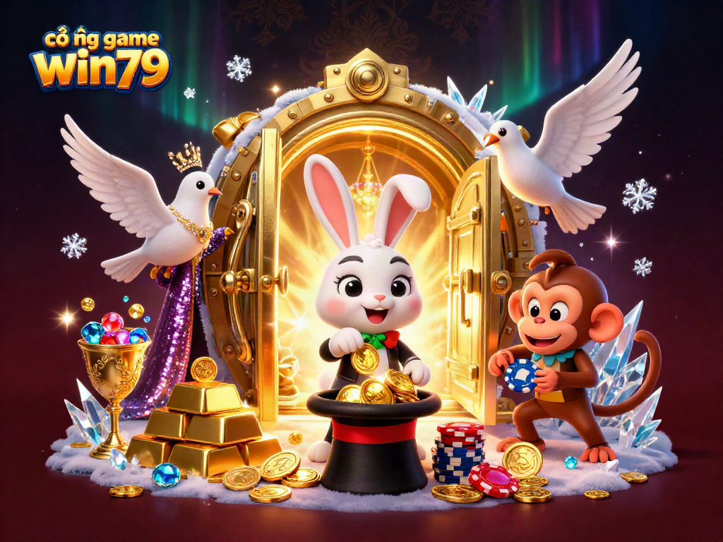 Experience the thrill of cổng game win79 with golden coins and vibrant casino elements in a magical 3D illustration scene.