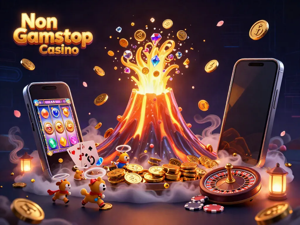 Experience thrilling action at Non Gamstop Casino with a vibrant scene of a golden volcano erupting coins and excited animals.