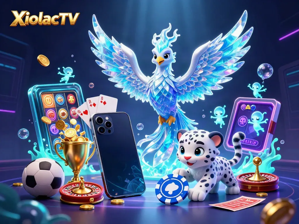 XoilacTV showcases a lively 3D scene with an ice phoenix, slot games, and sports betting elements.