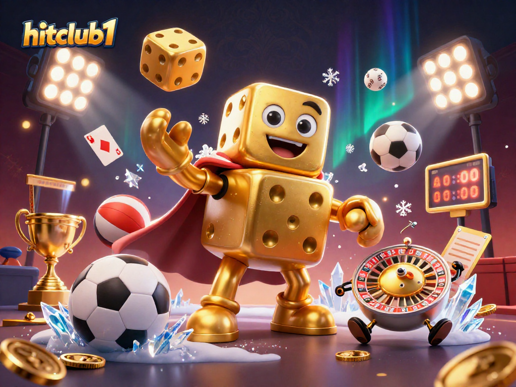 Hitclub1 showcases a dynamic casino scene with golden dice, twirling sports balls, and sparkling elements.